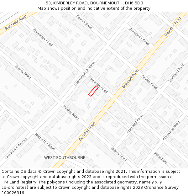 53, KIMBERLEY ROAD, BOURNEMOUTH, BH6 5DB: Location map and indicative extent of plot