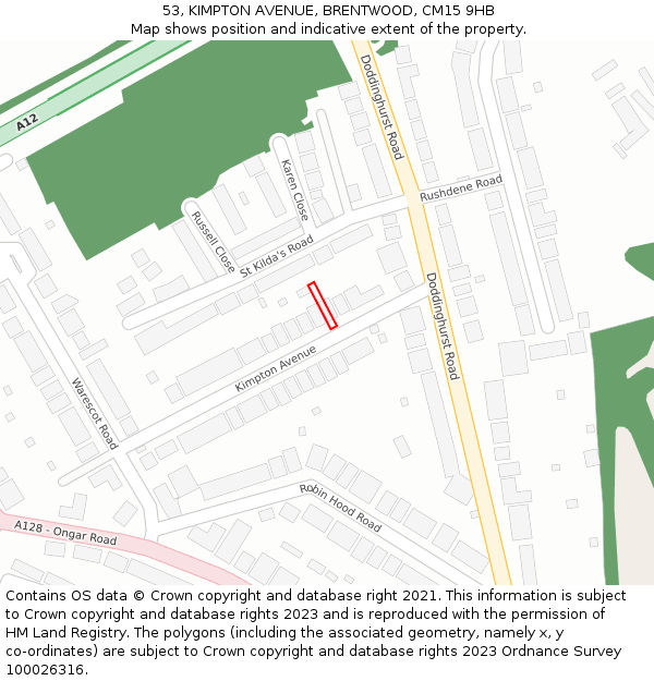 53, KIMPTON AVENUE, BRENTWOOD, CM15 9HB: Location map and indicative extent of plot