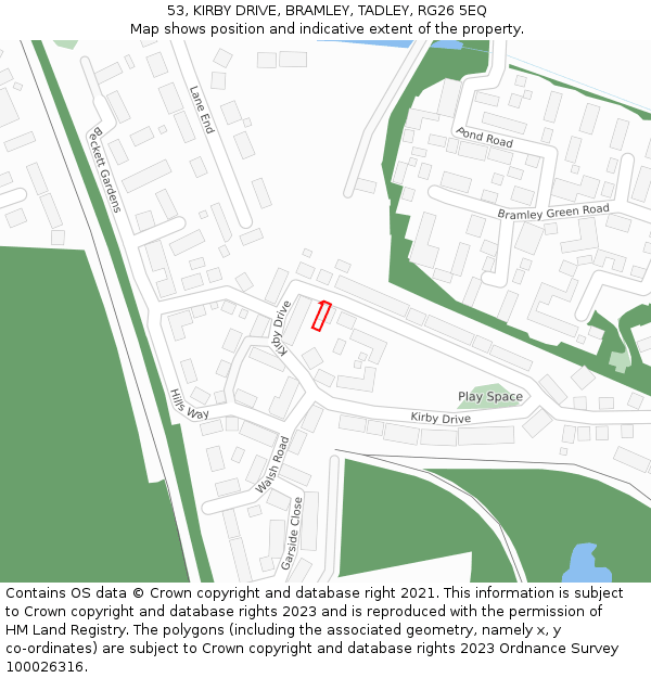53, KIRBY DRIVE, BRAMLEY, TADLEY, RG26 5EQ: Location map and indicative extent of plot