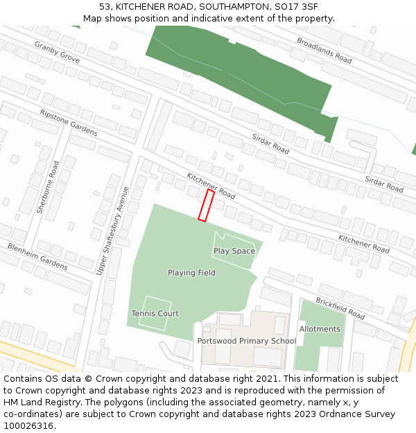 53, KITCHENER ROAD, SOUTHAMPTON, SO17 3SF: Location map and indicative extent of plot