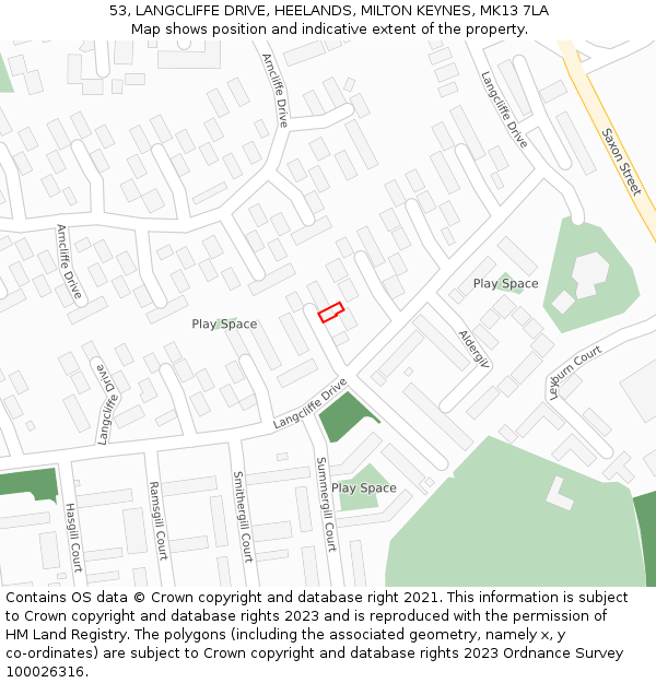 53, LANGCLIFFE DRIVE, HEELANDS, MILTON KEYNES, MK13 7LA: Location map and indicative extent of plot