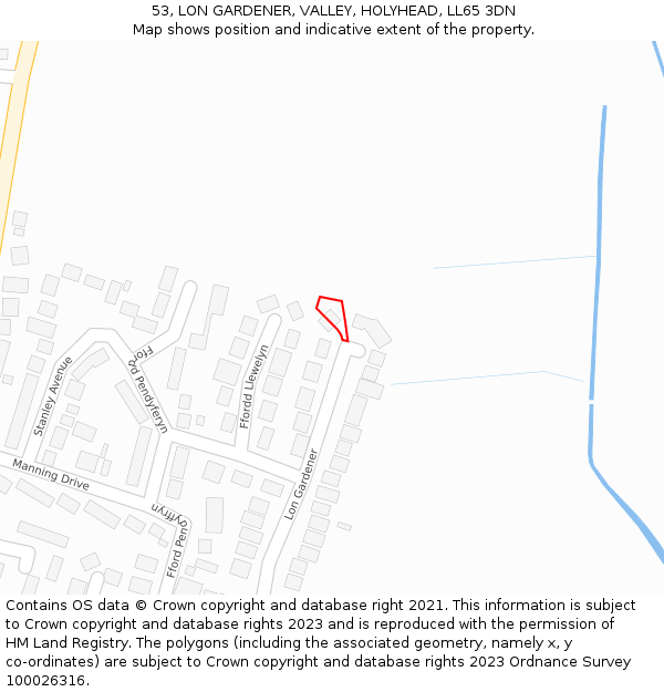 53, LON GARDENER, VALLEY, HOLYHEAD, LL65 3DN: Location map and indicative extent of plot