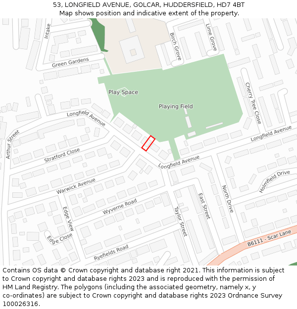 53, LONGFIELD AVENUE, GOLCAR, HUDDERSFIELD, HD7 4BT: Location map and indicative extent of plot