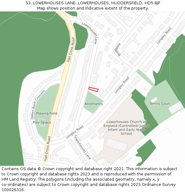 53, LOWERHOUSES LANE, LOWERHOUSES, HUDDERSFIELD, HD5 8JP: Location map and indicative extent of plot
