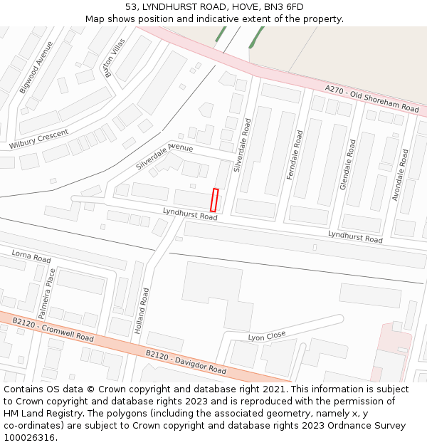 53, LYNDHURST ROAD, HOVE, BN3 6FD: Location map and indicative extent of plot