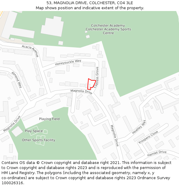 53, MAGNOLIA DRIVE, COLCHESTER, CO4 3LE: Location map and indicative extent of plot