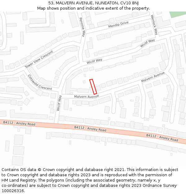 53, MALVERN AVENUE, NUNEATON, CV10 8NJ: Location map and indicative extent of plot