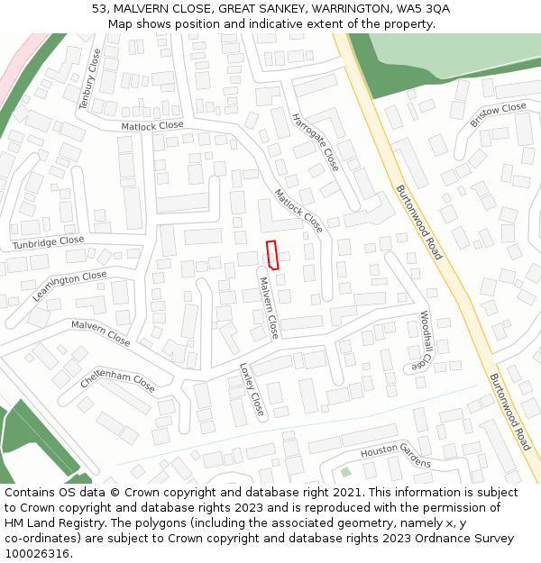 53, MALVERN CLOSE, GREAT SANKEY, WARRINGTON, WA5 3QA: Location map and indicative extent of plot