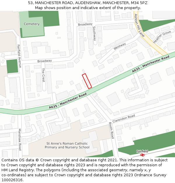 53, MANCHESTER ROAD, AUDENSHAW, MANCHESTER, M34 5PZ: Location map and indicative extent of plot