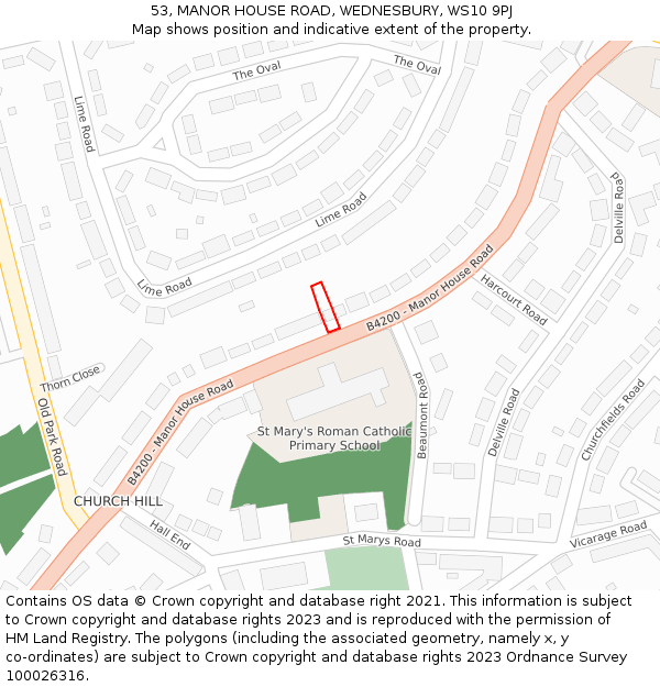 53, MANOR HOUSE ROAD, WEDNESBURY, WS10 9PJ: Location map and indicative extent of plot