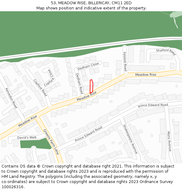 53, MEADOW RISE, BILLERICAY, CM11 2ED: Location map and indicative extent of plot