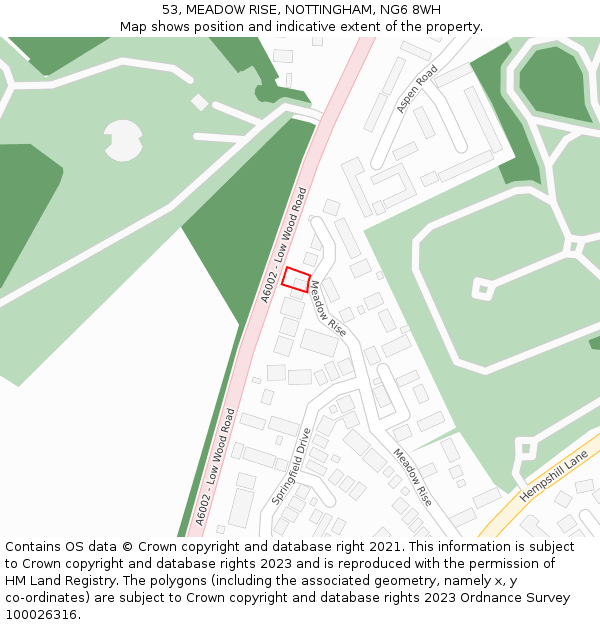 53, MEADOW RISE, NOTTINGHAM, NG6 8WH: Location map and indicative extent of plot