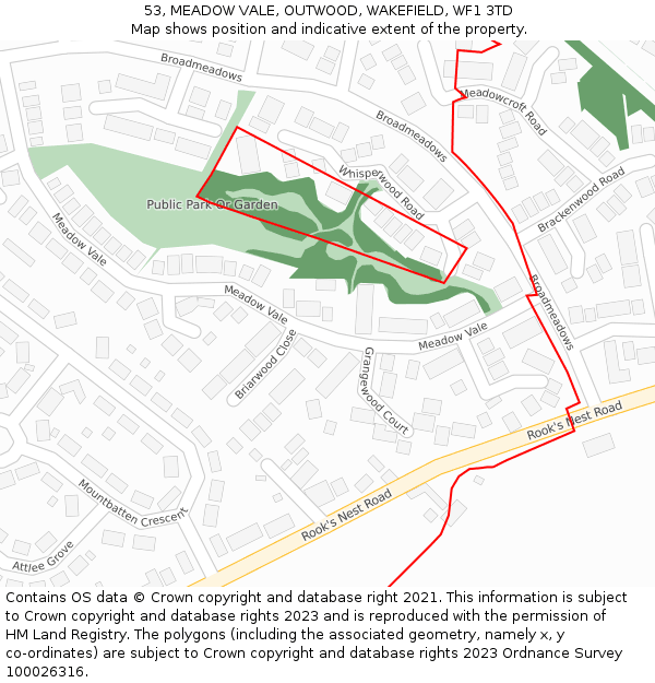 53, MEADOW VALE, OUTWOOD, WAKEFIELD, WF1 3TD: Location map and indicative extent of plot