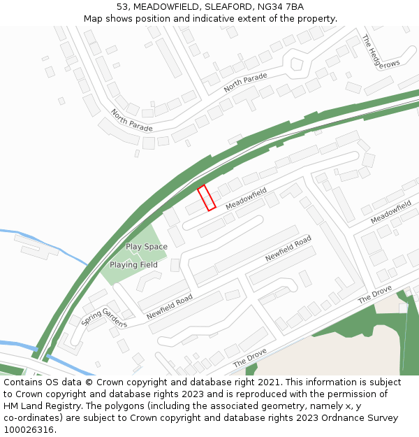 53, MEADOWFIELD, SLEAFORD, NG34 7BA: Location map and indicative extent of plot