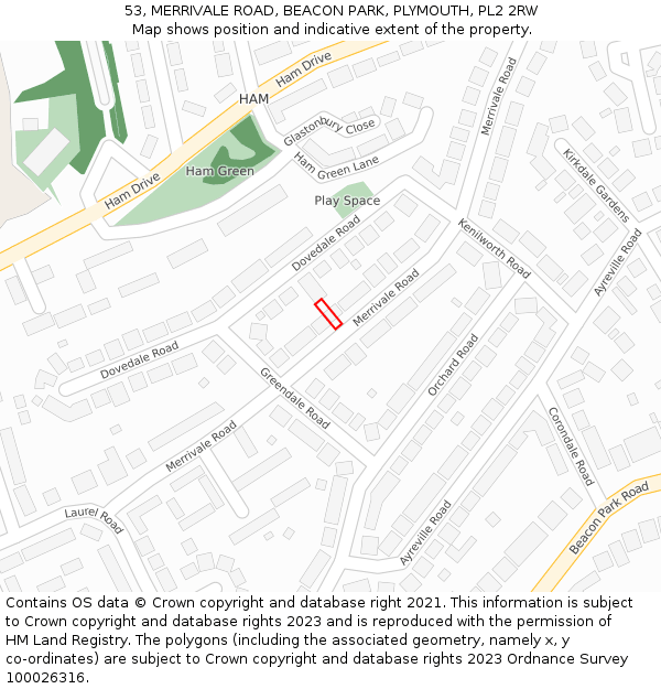 53, MERRIVALE ROAD, BEACON PARK, PLYMOUTH, PL2 2RW: Location map and indicative extent of plot
