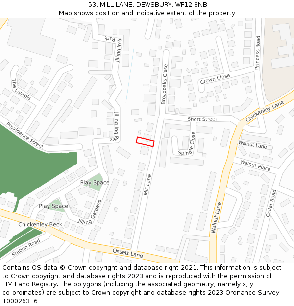 53, MILL LANE, DEWSBURY, WF12 8NB: Location map and indicative extent of plot
