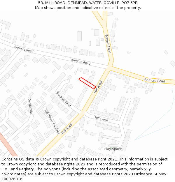 53, MILL ROAD, DENMEAD, WATERLOOVILLE, PO7 6PB: Location map and indicative extent of plot