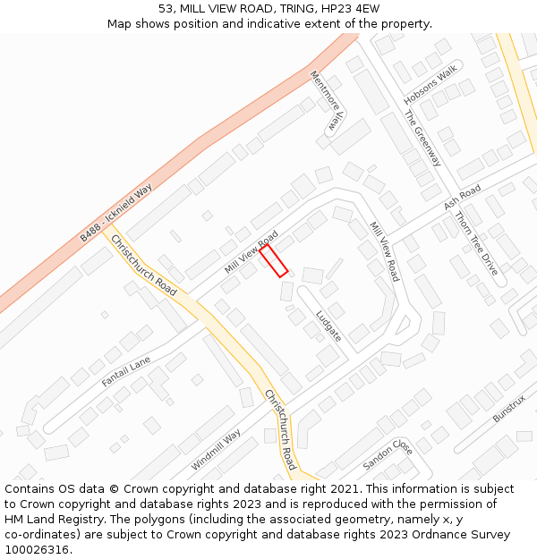 53, MILL VIEW ROAD, TRING, HP23 4EW: Location map and indicative extent of plot