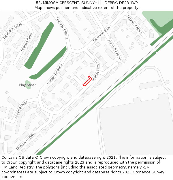 53, MIMOSA CRESCENT, SUNNYHILL, DERBY, DE23 1WP: Location map and indicative extent of plot