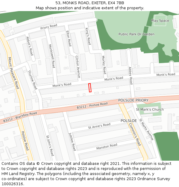 53, MONKS ROAD, EXETER, EX4 7BB: Location map and indicative extent of plot