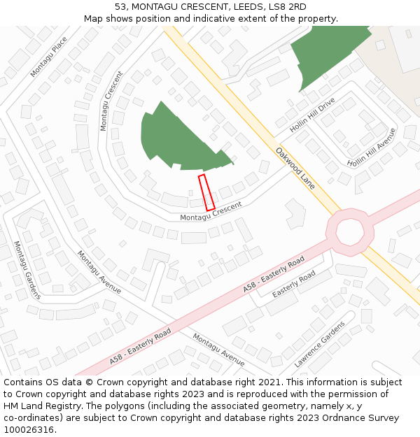 53, MONTAGU CRESCENT, LEEDS, LS8 2RD: Location map and indicative extent of plot