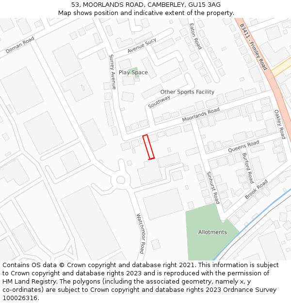 53, MOORLANDS ROAD, CAMBERLEY, GU15 3AG: Location map and indicative extent of plot