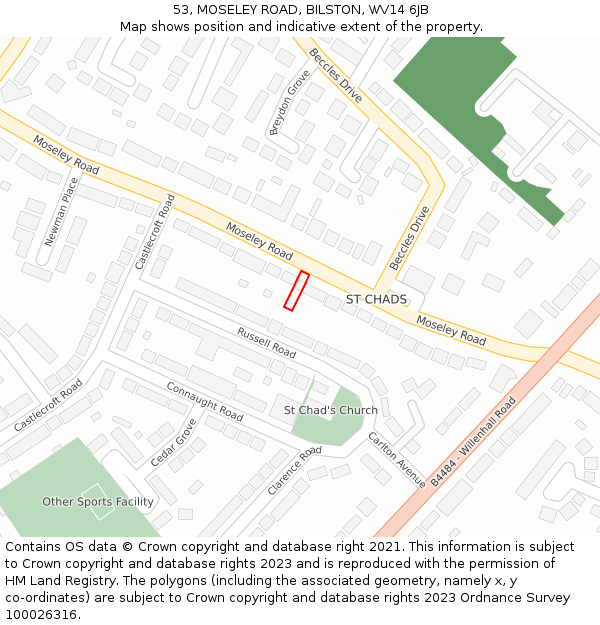 53, MOSELEY ROAD, BILSTON, WV14 6JB: Location map and indicative extent of plot