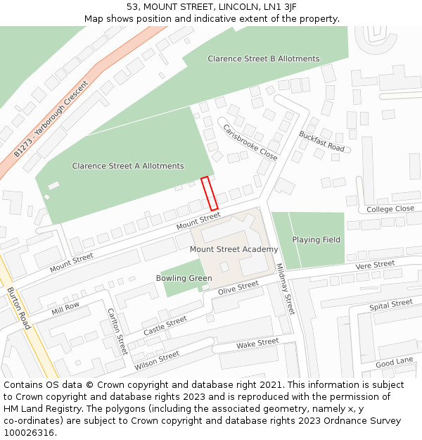 53, MOUNT STREET, LINCOLN, LN1 3JF: Location map and indicative extent of plot