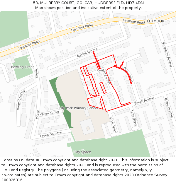 53, MULBERRY COURT, GOLCAR, HUDDERSFIELD, HD7 4DN: Location map and indicative extent of plot