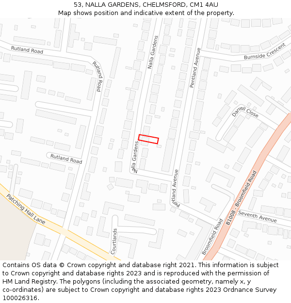 53, NALLA GARDENS, CHELMSFORD, CM1 4AU: Location map and indicative extent of plot