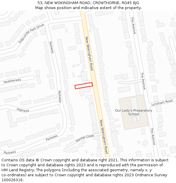53, NEW WOKINGHAM ROAD, CROWTHORNE, RG45 6JG: Location map and indicative extent of plot