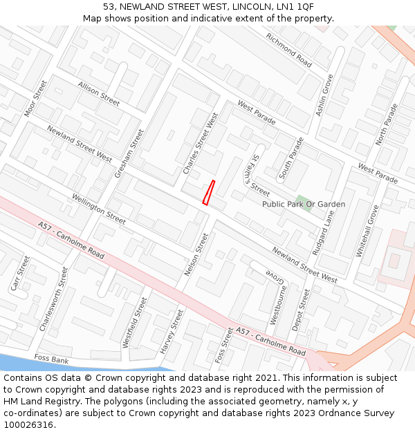 53, NEWLAND STREET WEST, LINCOLN, LN1 1QF: Location map and indicative extent of plot