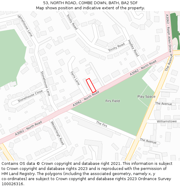 53, NORTH ROAD, COMBE DOWN, BATH, BA2 5DF: Location map and indicative extent of plot