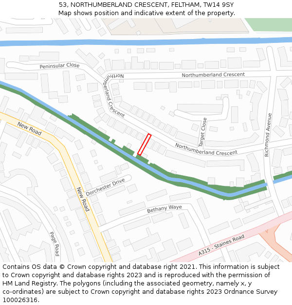53, NORTHUMBERLAND CRESCENT, FELTHAM, TW14 9SY: Location map and indicative extent of plot