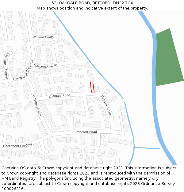 53, OAKDALE ROAD, RETFORD, DN22 7GX: Location map and indicative extent of plot