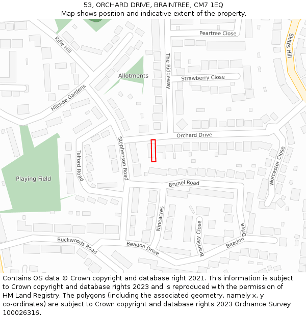53, ORCHARD DRIVE, BRAINTREE, CM7 1EQ: Location map and indicative extent of plot