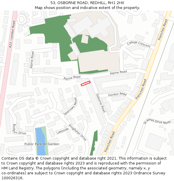 53, OSBORNE ROAD, REDHILL, RH1 2HX: Location map and indicative extent of plot