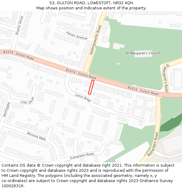 53, OULTON ROAD, LOWESTOFT, NR32 4QN: Location map and indicative extent of plot