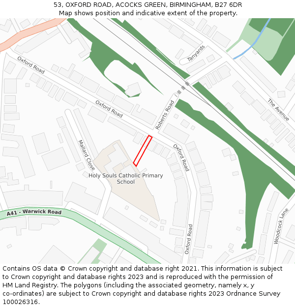 53, OXFORD ROAD, ACOCKS GREEN, BIRMINGHAM, B27 6DR: Location map and indicative extent of plot