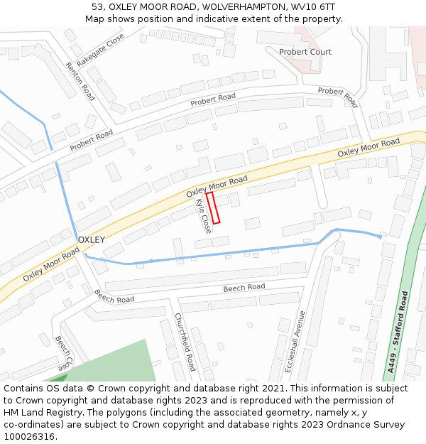 53, OXLEY MOOR ROAD, WOLVERHAMPTON, WV10 6TT: Location map and indicative extent of plot
