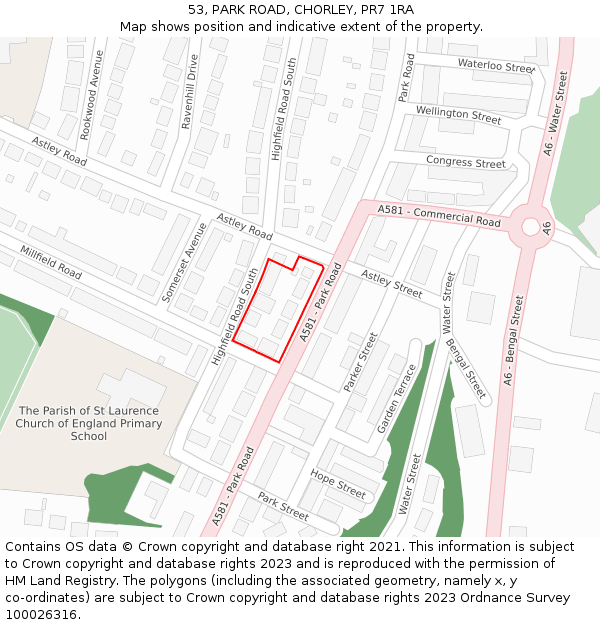 53, PARK ROAD, CHORLEY, PR7 1RA: Location map and indicative extent of plot