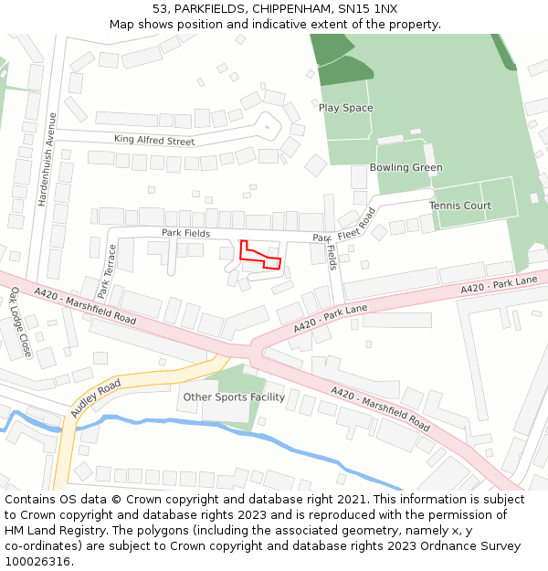 53, PARKFIELDS, CHIPPENHAM, SN15 1NX: Location map and indicative extent of plot