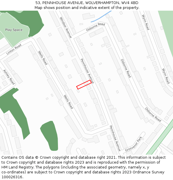 53, PENNHOUSE AVENUE, WOLVERHAMPTON, WV4 4BD: Location map and indicative extent of plot