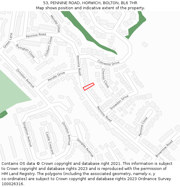 53, PENNINE ROAD, HORWICH, BOLTON, BL6 7HR: Location map and indicative extent of plot