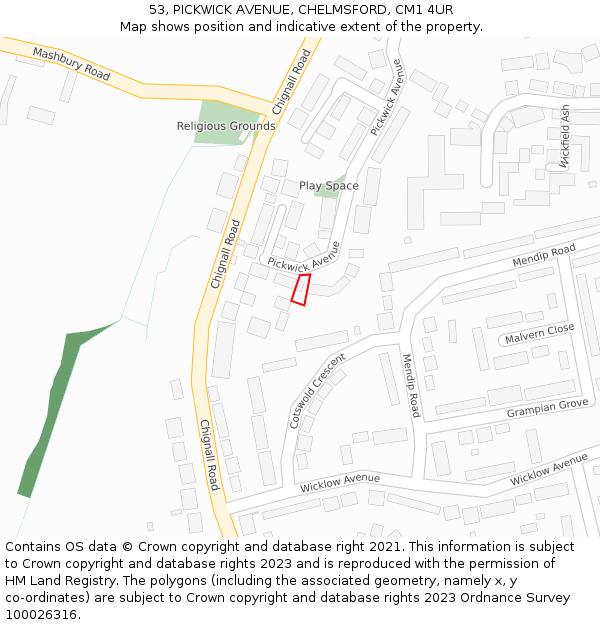 53, PICKWICK AVENUE, CHELMSFORD, CM1 4UR: Location map and indicative extent of plot