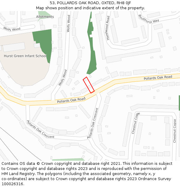 53, POLLARDS OAK ROAD, OXTED, RH8 0JF: Location map and indicative extent of plot