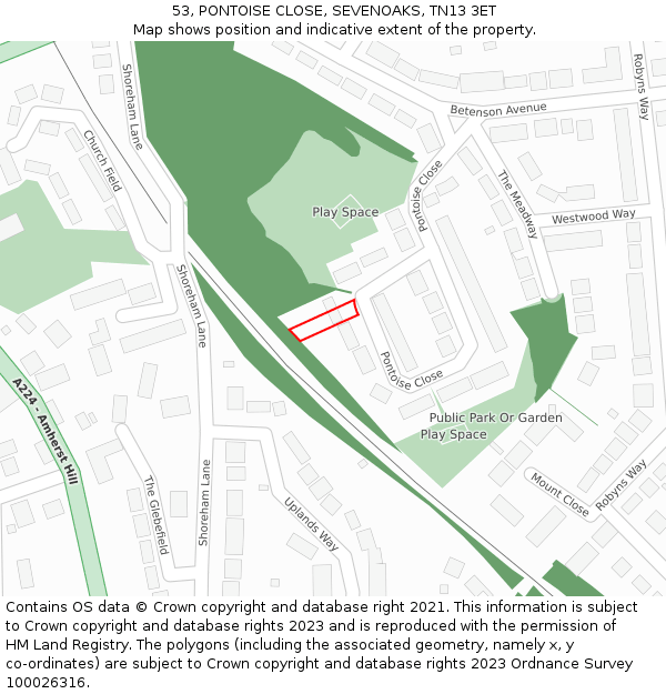 53, PONTOISE CLOSE, SEVENOAKS, TN13 3ET: Location map and indicative extent of plot