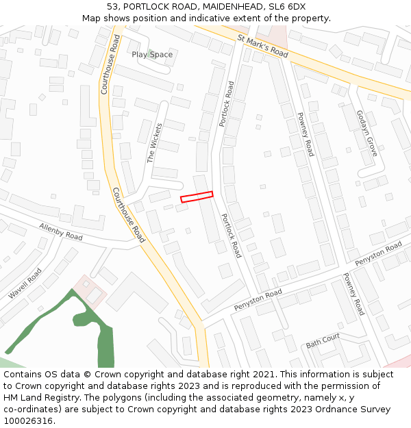 53, PORTLOCK ROAD, MAIDENHEAD, SL6 6DX: Location map and indicative extent of plot