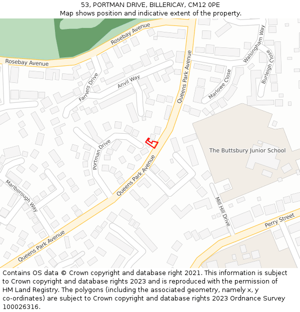 53, PORTMAN DRIVE, BILLERICAY, CM12 0PE: Location map and indicative extent of plot