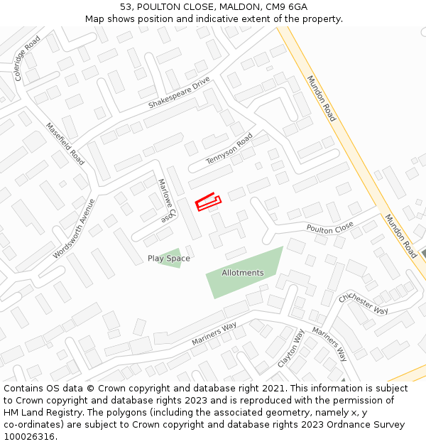 53, POULTON CLOSE, MALDON, CM9 6GA: Location map and indicative extent of plot